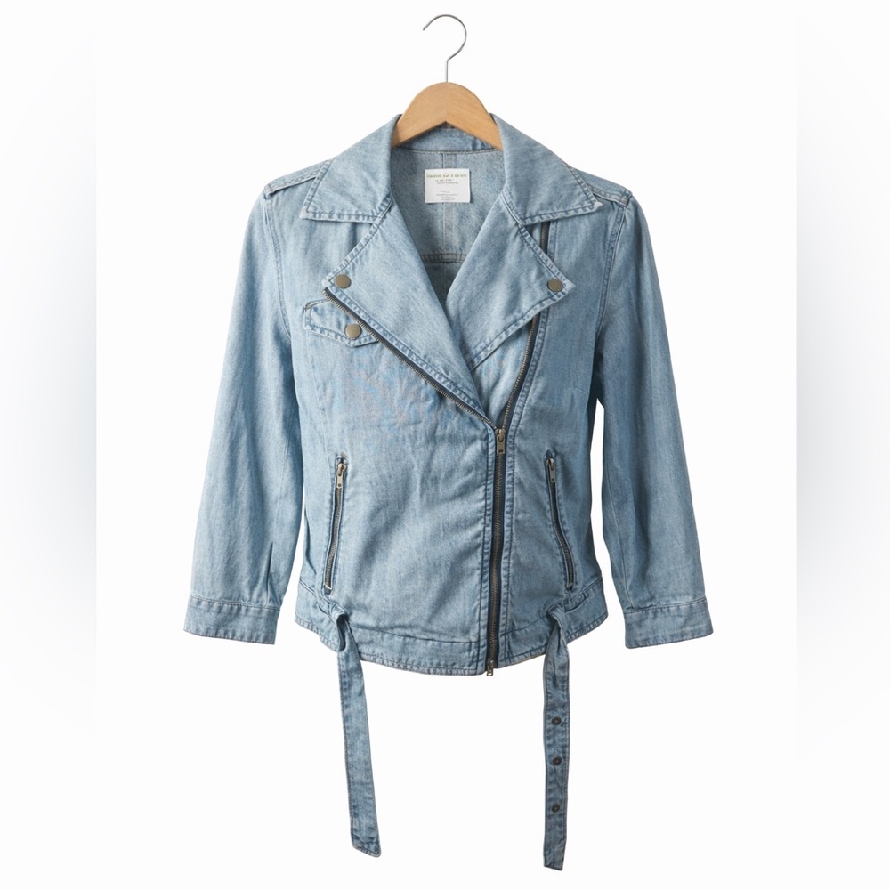 American Eagle Denim Moto Jacket Medium Light Wash Zip Belted Biker Chic